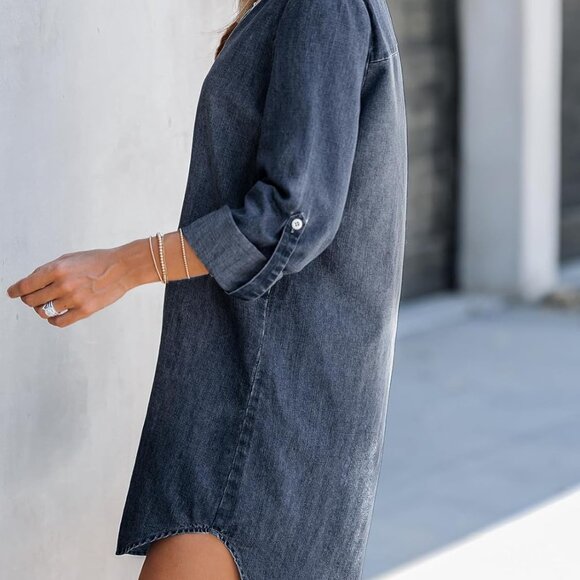 Women's Denim Shirt Dress Long Sleeve Casual Mini Distressed V Neck - Picture 6 of 8